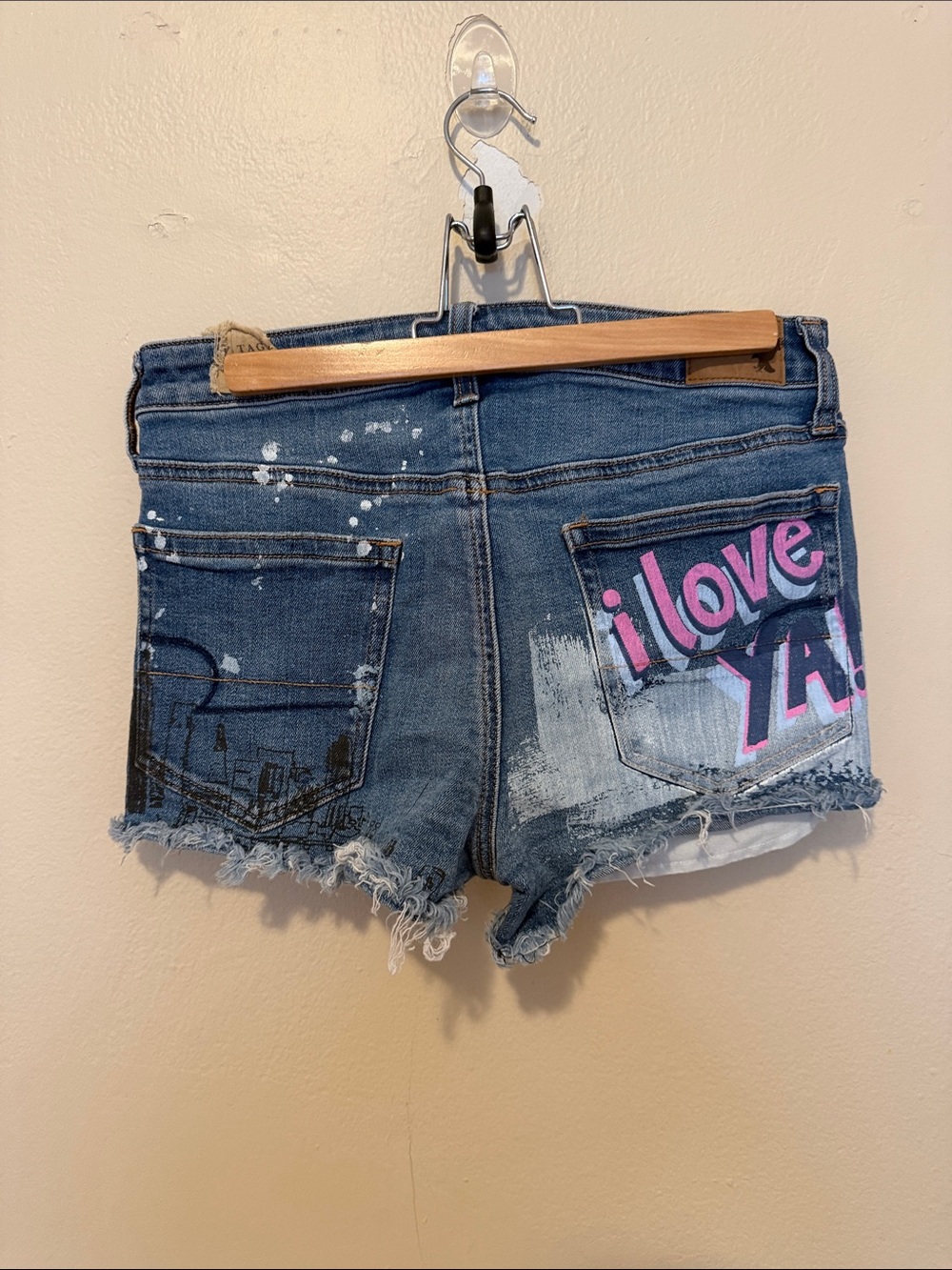 American Eagle Outfitters Distressed Blue Denim Shorts with Pink Floral - Picture 2 of 5